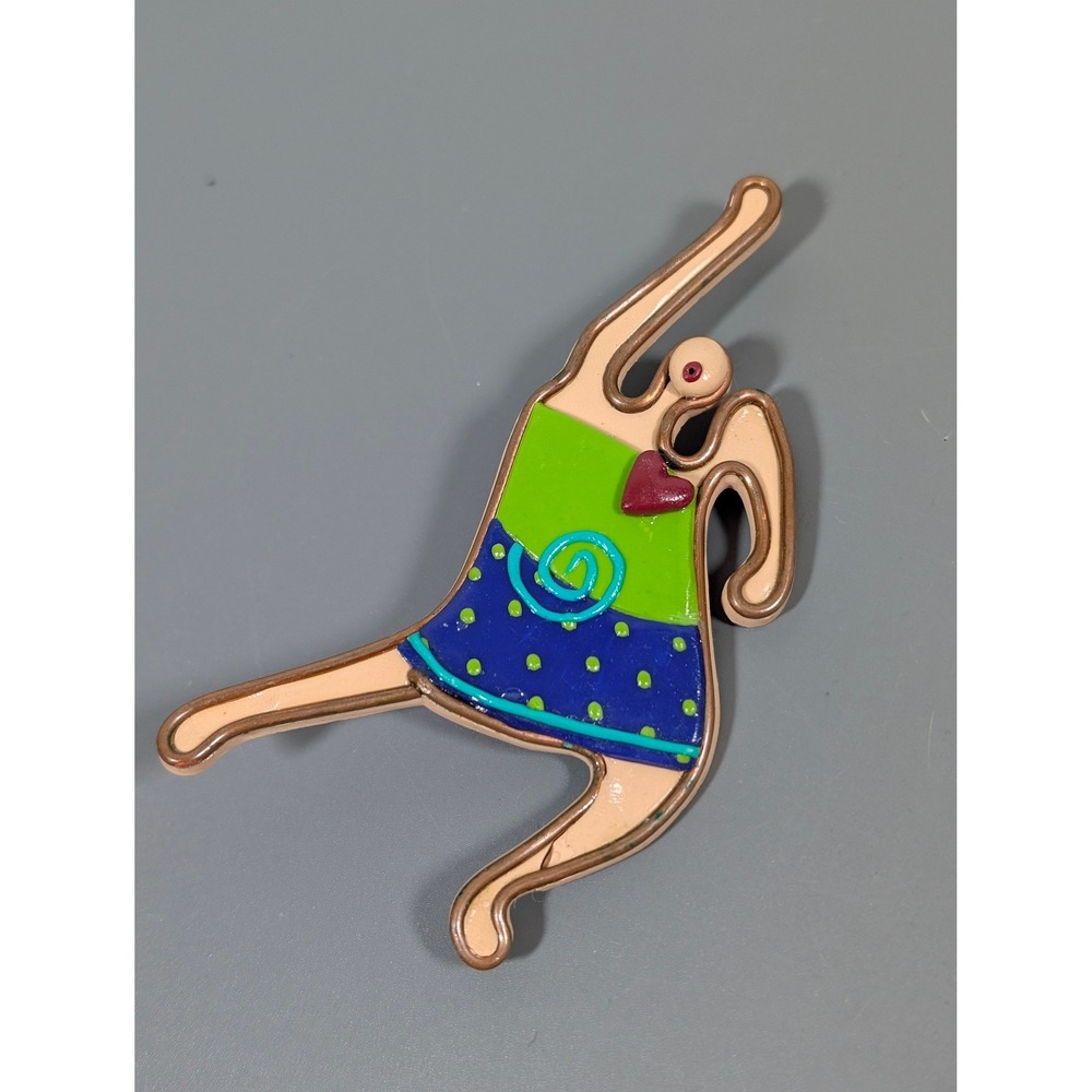 Vintage Artisan Dancing Woman Brooch Copper Clayโ Wearable Art Dancer Pin